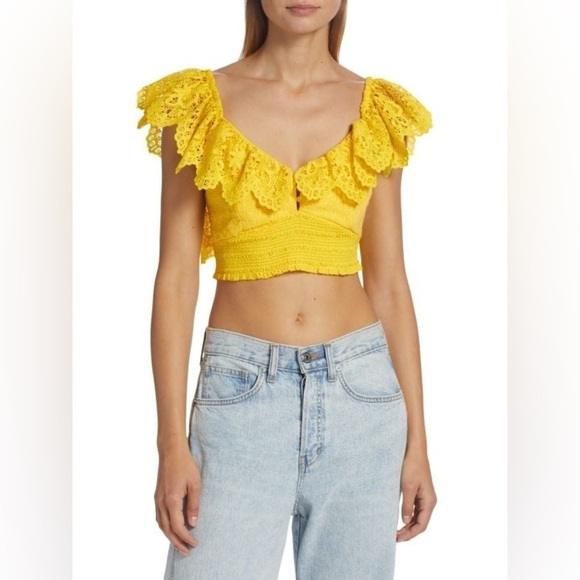 NWT! Alice + Olivia Bleeker Ruffled Lace Crop Top Sunbeam Yellow Smocked🌼 XS - Picture 5 of 16